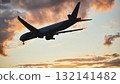 Airplane landing at sunset with cloudy sky 132141482