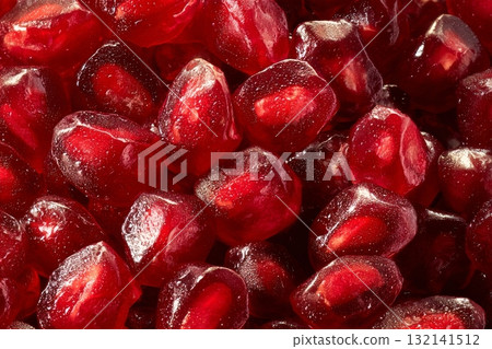 Pomegranate Seeds Glistening in Natural Light Creating Vibrant, Appealing Texture 132141512