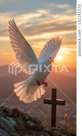 White Dove Flying Near Cross at Sunset in Serene Mountain Landscape 132141578