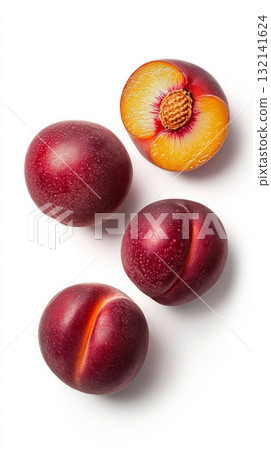 Sliced Peach Showcasing Juicy Interior and Pit on a White Background Sliced Peach Showcasing Juicy Interior and Pit on a White Background 132141624