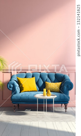 Stylish Blue Sofa Set Against Pink Wall With Decorative Cushions and Table in Bright Sunlight Stylish Blue Sofa Set Against Pink Wall With Decorative Cushions and Table in Bright Sunlight 132141625