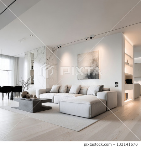 Modern Living Room With Large Windows Offering Bright Natural Light During Daytime 132141670