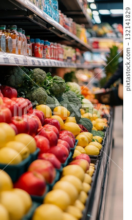 Colorful Display of Fresh Fruits and Vegetables in a Grocery Store During the Daytime Colorful Display of Fresh Fruits and Vegetables in a Grocery Store During the Daytime 132141829