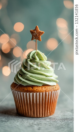 Festive Cupcake With Green Frosting and Star Decoration in a Cozy Holiday Setting Festive Cupcake With Green Frosting and Star Decoration in a Cozy Holiday Setting 132141856