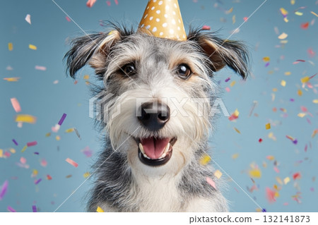 Dog Wearing a Party Hat Celebrates With Colorful Confetti in Joyful Indoor Setting 132141873
