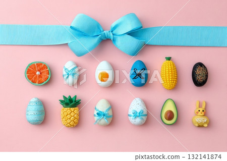 Colorful Easter Decorations With Eggs and Candy on Pastel Backgrounds 132141874