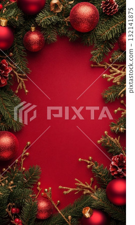 Festive Decorations With Red Ornaments and Pine Branches for Holiday Celebrations 132141875
