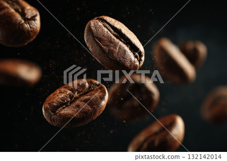 Freshly Roasted Coffee Beans Floating in Dark Space With Rich Texture and Aroma Freshly Roasted Coffee Beans Floating in Dark Space With Rich Texture and Aroma 132142014