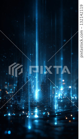 Illuminated City Skyline With Blue Light Beams During Night Illuminated City Skyline With Blue Light Beams During Night 132142119