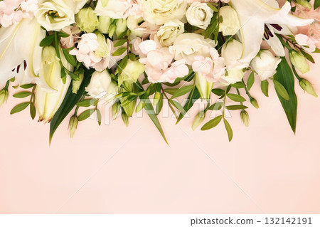 Summer blossoming delicate lilias and ranunculus on blooming flowers festive background, pastel and soft bouquet floral card, selective focus Summer blossoming delicate lilias and ranunculus on blooming flowers festive background, pastel and soft bouquet floral card, selective focus 132142191