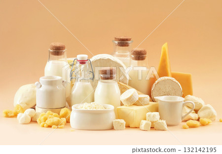 Colorful mix of dairy products varieties: milk and cheese, butter and mozzarella, yogurt and camembert. Food ingredients background 132142195
