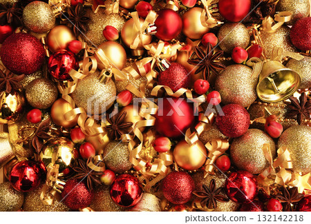 Golden and red balls, stars and berries background; festive Christmas and New Year celebration card, selective focus, shallow DOF 132142218