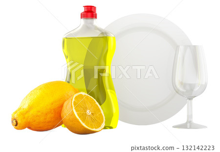 Dishwashing liquid with lemon, plate and glass. 3D rendering Dishwashing liquid with lemon, plate and glass. 3D rendering 132142223
