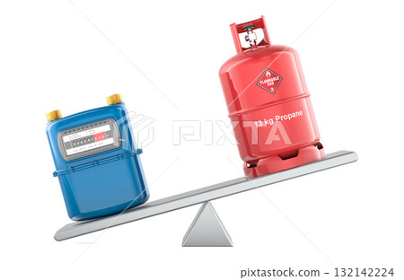 Gas meter and propane cylinder balance. Stationary vs portable supply. 3D rendering 132142224