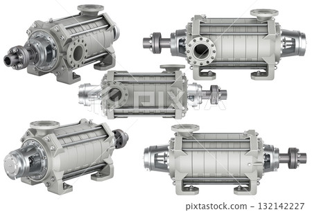 Industrial multistage centrifugal pumps, different views. 3D rendering Industrial multistage centrifugal pumps, different views. 3D rendering 132142227