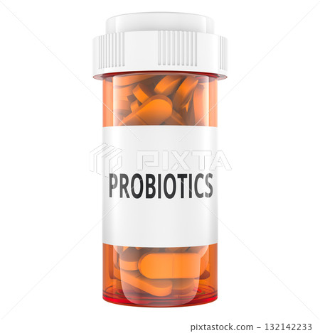 Pill bottle with probiotics. 3D rendering Pill bottle with probiotics. 3D rendering 132142233