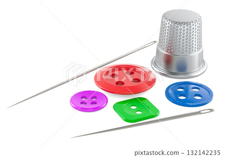 Sewing kit with thimble, needles and colorful buttons. 3D rendering Sewing kit with thimble, needles and colorful buttons. 3D rendering 132142235