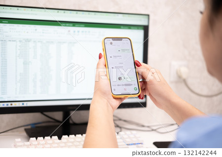 Girl Records Voice Message on Phone Girl Records Voice Message on Phone 132142244