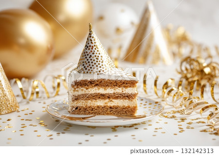 Celebrate With a Delicious Cake Slice on a Festive Table Decorated With Gold Accents 132142313