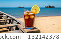 Refreshing malawian chombe iced tea on a boat with a sunny tropical beach view in summer 132142378