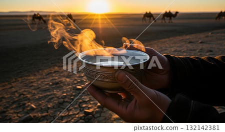 Hands holding a traditional mongolian suutei tsai milk tea with camels in the desert at sunset Hands holding a traditional mongolian suutei tsai milk tea with camels in the desert at sunset 132142381