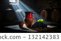 Moldovan tulburel a young wine in a clay jug with fresh grapes in a rustic wine cellar 132142383