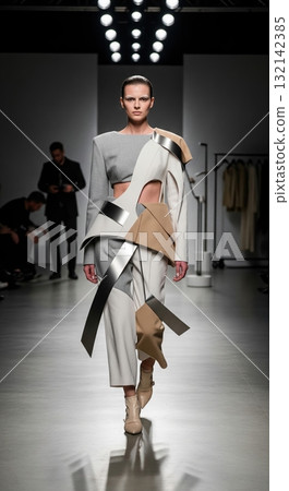 High fashion model in a futuristic avant-garde outfit walks the catwalk at a fashion show High fashion model in a futuristic avant-garde outfit walks the catwalk at a fashion show 132142385