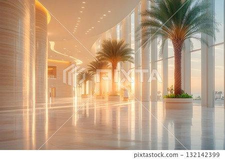 Sunlit luxury atrium with tall palms and curved glass facade, glossy marble floor and warm reflections 132142399