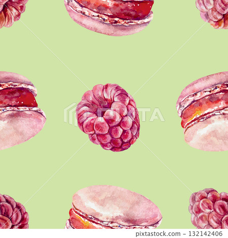 Raspberry and pink macaroon seamless pattern. Hand drawn watercolor illustration. Suitable for label design, wrapping paper, textiles and scrapbooking. Raspberry and pink macaroon seamless pattern. Hand drawn watercolor illustration. Suitable for label design, wrapping paper, textiles and scrapbooking. 132142406