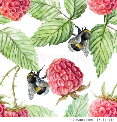 Raspberry seamless pattern. Ripe berries, green leaves and bumblebees. Hand drawn watercolor illustration suitable for juice, jam and marmalade labels. Suitable for wrapping paper and textiles. Raspberry seamless pattern. Ripe berries, green leaves and bumblebees. Hand drawn watercolor illustration suitable for juice, jam and marmalade labels. Suitable for wrapping paper and textiles. 132142412