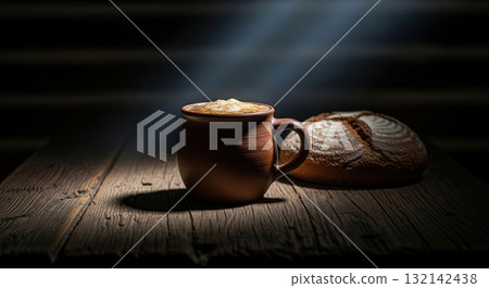Rustic still life with a clay mug of frothy beer and a loaf of bread on a wooden table Rustic still life with a clay mug of frothy beer and a loaf of bread on a wooden table 132142438