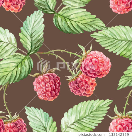 Raspberry seamless pattern. Ripe berries and green leaves on a dark background. Hand drawn watercolor illustration for juice, jam and marmalade labels. Suitable for wrapping paper and textiles. Raspberry seamless pattern. Ripe berries and green leaves on a dark background. Hand drawn watercolor illustration for juice, jam and marmalade labels. Suitable for wrapping paper and textiles. 132142559