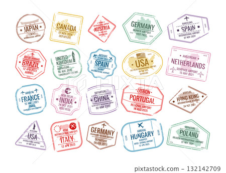 Worldwide travel stamps collection with sightseeing attraction design and country destination place Worldwide travel stamps collection with sightseeing attraction design and country destination place 132142709