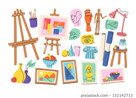 Art tools and items colorful hand drawn set with pictures, easel, still life, plaster sculpture Art tools and items colorful hand drawn set with pictures, easel, still life, plaster sculpture 132142713