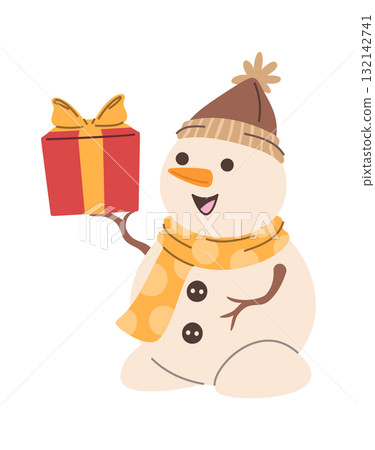Christmas snowman presenting gift box 132142741