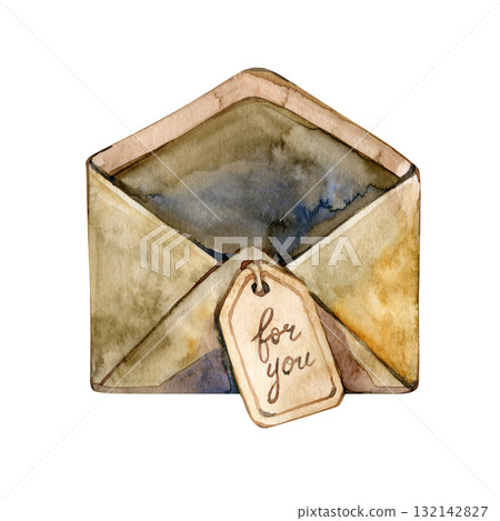 Watercolor illustration. Hand painted open empty envelope from old beige paper. Letter, message. Postal item. Love card for Valentine's Day. Isolated clip art. Vintage, retro postcard 132142827