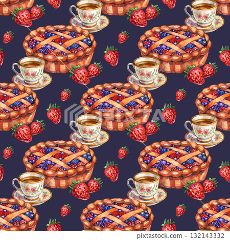Seamless pattern with vintage variety set of sweet dessert, cupcakes, cake, pies and jams with berries isolated on white background. Watercolor hand drawn illustration sketch 132143332