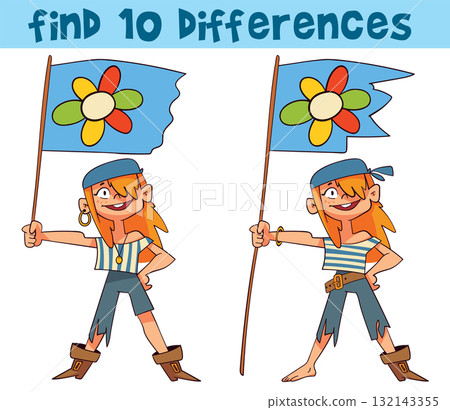 Find 10 differences game with a cute pirate girl holding a flag 132143355