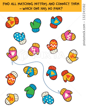 Find two identical mitten. Colorful mitten matching puzzle for kids Find two identical mitten. Colorful mitten matching puzzle for kids 132143382