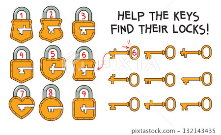Match each key to the correct lock. Logic puzzle for kids 132143435