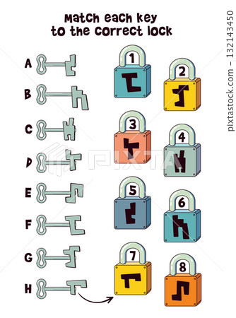 Match each key to the correct lock. Educational logic puzzle for kids 132143450