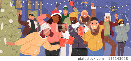 Happy people outdoors celebrating Christmas, New Year enjoying holiday gatherings on winter events 132143628
