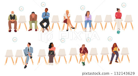 Cartoon diverse people characters of different ages expressing sadness and boredom sitting on chairs Cartoon diverse people characters of different ages expressing sadness and boredom sitting on chairs 132143629