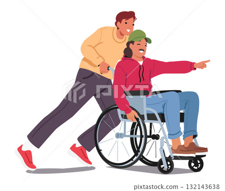 Man pushing wheelchair with coworker having disability sharing help and support isolated on white Man pushing wheelchair with coworker having disability sharing help and support isolated on white 132143638