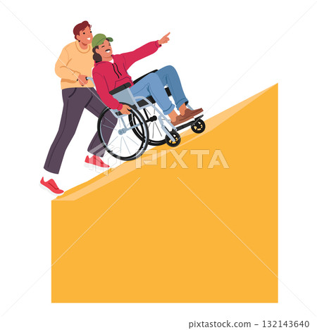 Man helping guy with disability sitting in wheelchair to climb up through giant geometric shape 132143640