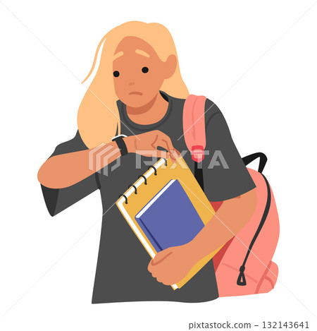 Teenage girl student isolated cartoon character feeling worried and nervous looking at wristwatch 132143641