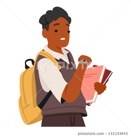 Schoolboy cartoon character nervously looking at wristwatch waiting for classmate being late Schoolboy cartoon character nervously looking at wristwatch waiting for classmate being late 132143643