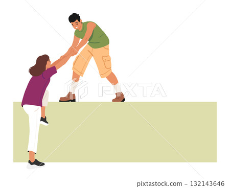 Man helping woman to climb on giant square geometric shape scene showcasing support in couple 132143646