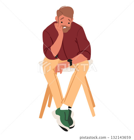 Bearded hipster man cartoon character expressing deep thoughts and frustration while seated on chair 132143659