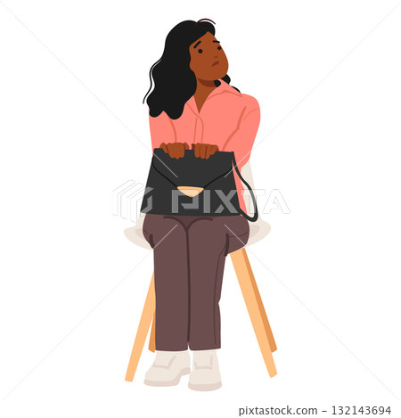 Nervous woman job seeker cartoon character sitting on chair waiting for interview isolated on white 132143694